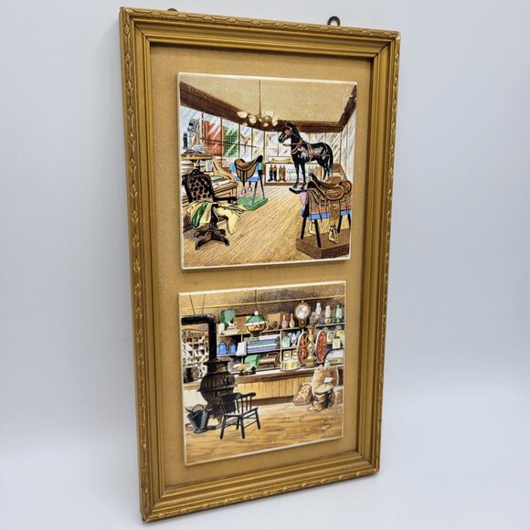 Vintage Enesco Framed Ceramic Wall Tiles Home Decor Early American Japan - Picture 2 of 11